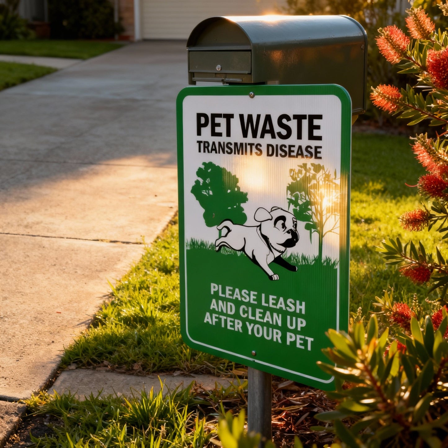 “Pet Waste Transmits Disease – Please Leash and Clean Up After Your Pet” | Dog Poop Sign | Lawn & Order Co.