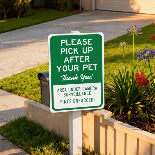“Please Pick Up After Your Pet – Area Under Camera Surveillance” | Dog Poop Sign | Lawn & Order Co.